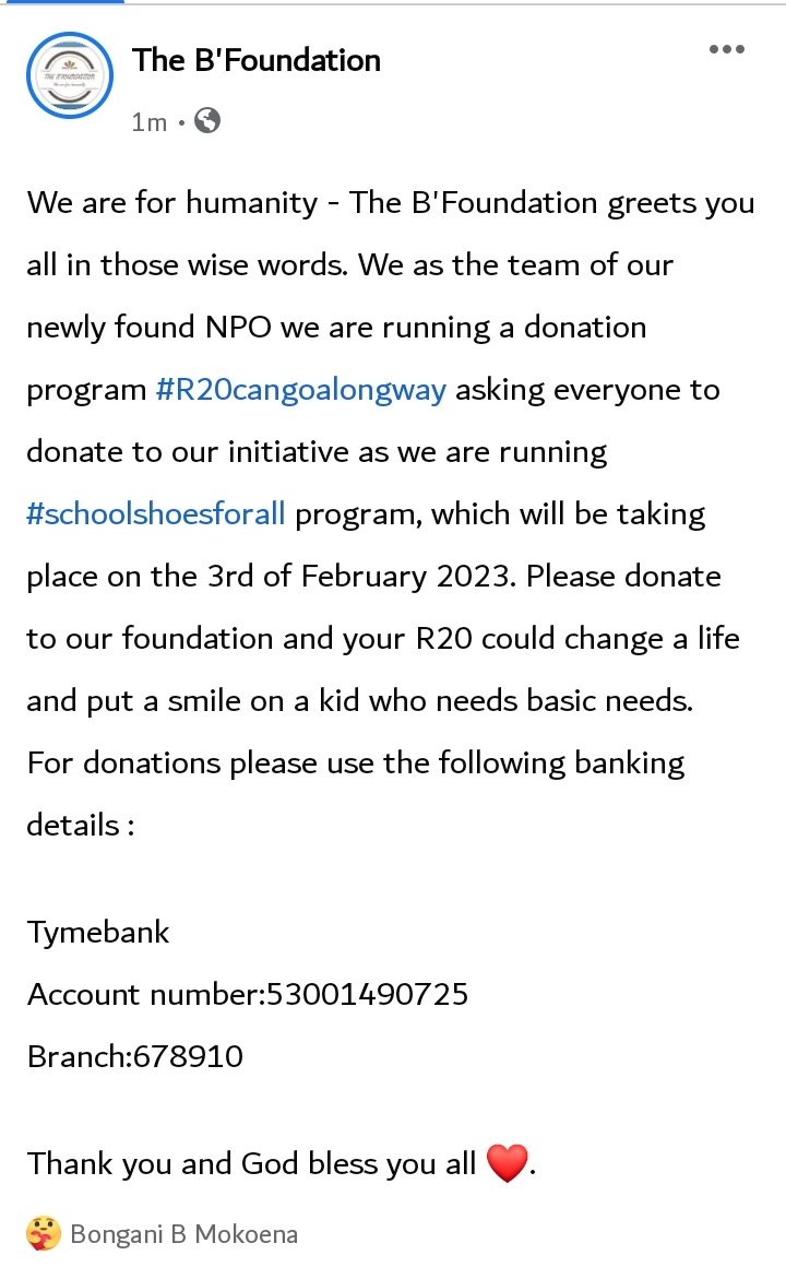 #R20cangoalongway #schoolshoesforall
Please donate R20 to our shoe drive project to give to the needy 🙏🙏 @Mosa_Hlatswayo @Futuretainment1 @Ladydu_sa @lele_efkay @ThembaRumbu @djdakhu2 @gentlebjgiant @biphakathi @MmusiThema @chrisreymond89 @_sir_luu @mohale_motaung @bonang_m 🙏