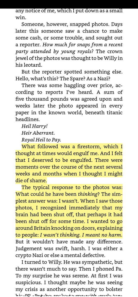 Missintrospect1's tweet photo. Another distortion in the leaked #SparebyPrinceHarry was that Harry refused to take responsibility for wearing the nazi costume and blamed W&amp;K 🙄. It's another lie from the #SpareUsHarry brigade. Harry said he was ashamed and unthinking  and deserved the backlash.
#Spare https://t.co/FkEV5JqEsp