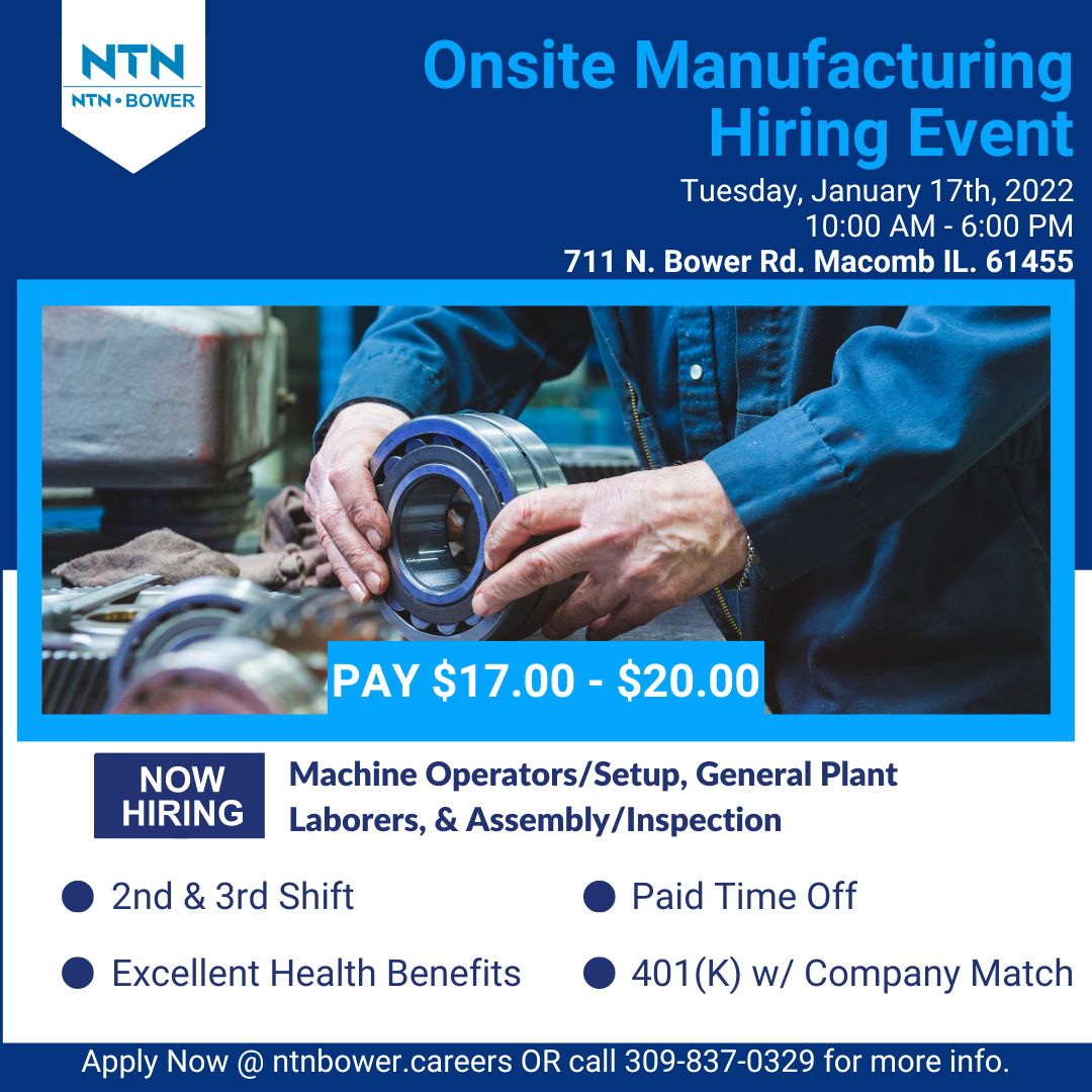 NTNBower's tweet photo. Mark your calendar's for January 17th, join us for the hiring event to learn about working at NTN Bower!

#NTNBower #macombil #macomb #macombillinois #manufacturing #hiringevent #jobfair #careerfair #nowhiring https://t.co/1Dy7Z7or1H