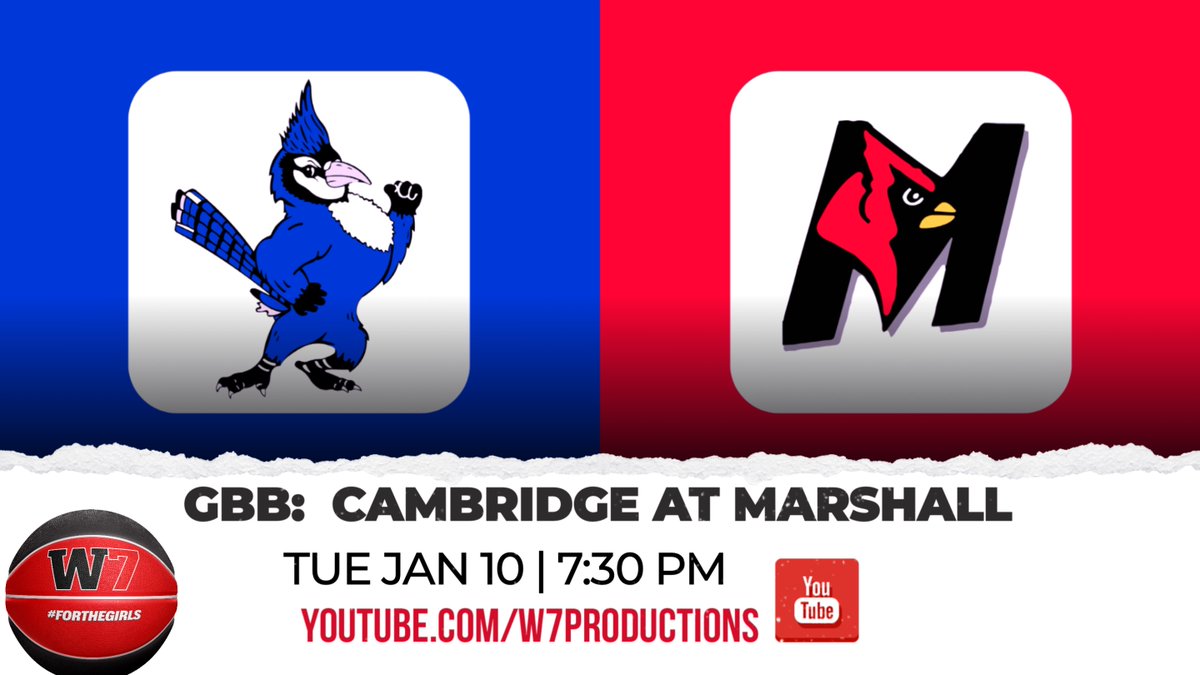 ProductionsW7's tweet photo. 🚨 W7 Gameday Presented by the Pat Connaughton Foundation and Powered by Jolly Good Soda
🏀 Cambridge 🆚 Marshall
⏰ 7️⃣3️⃣0️⃣
🎤 Gary Wipperman
📺 https://t.co/fms4Df5c55 https://t.co/30jkvWGEAC