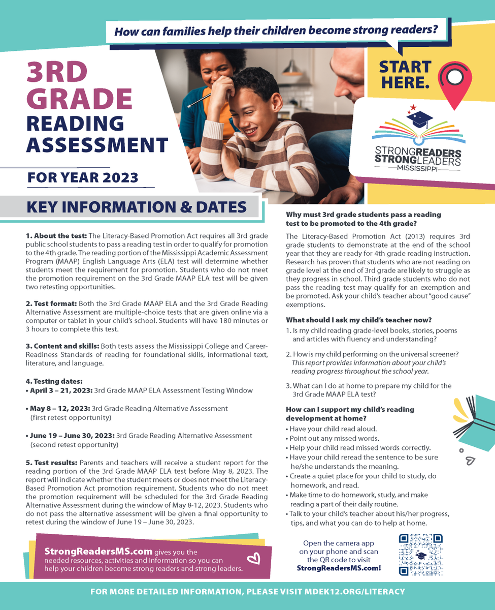 MissDeptEd's tweet photo. Hey Parents and Guardians of 3rd graders! The 3rd grade reading assessment will be administered April 3-21. Check out this flyer for tips to help get your child ready and learn more about the test. Visit https://t.co/lZ56uEEeol for more info. #MsEdu #StrongReaders #literacy https://t.co/iyq588sAh0