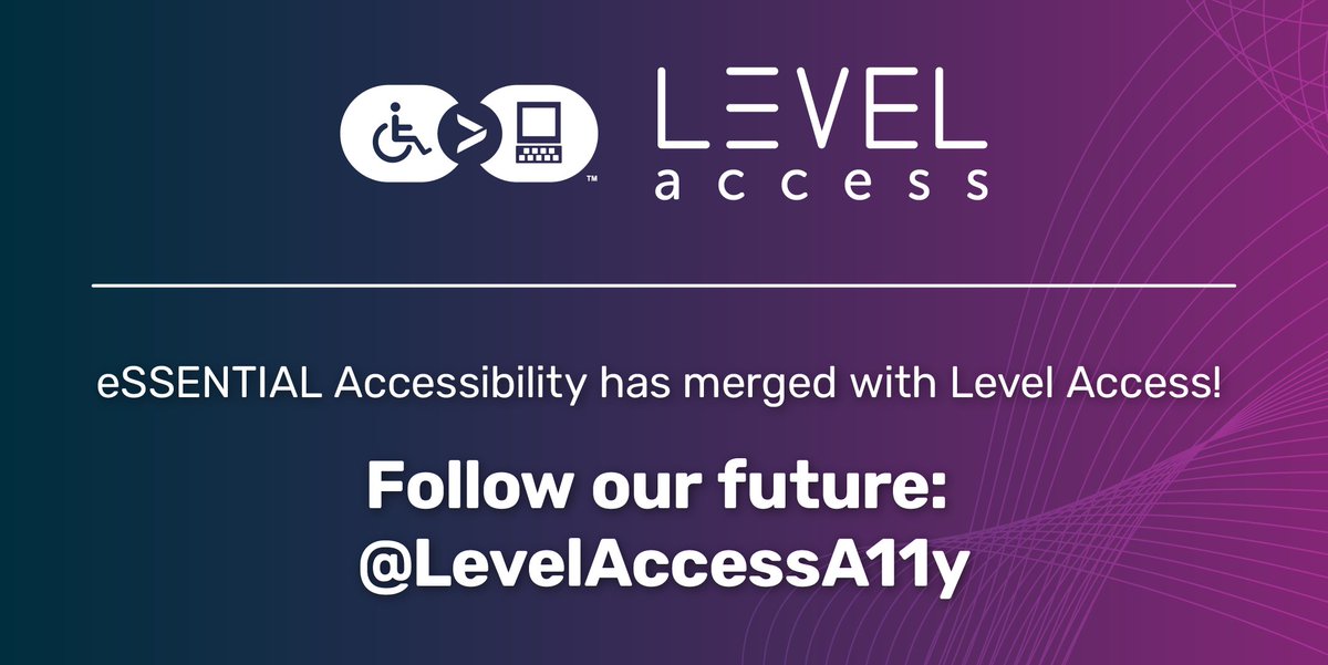 eSSENTIAL Accessibility (@essentia11y) on Twitter photo Level Access and eSSENTIAL Accessibility have merged. As part of this process, we’ve chosen Level Access as the name for our consolidated company, so this channel is retiring. Follow us <a href="/LevelAccessA11y/">Level Access</a> for accessibility and industry insights. Learn more: tinyurl.com/4ydyr723 Level Access and eSSENTIAL Accessibility have merged. As part of this process, we’ve chosen Level Access as the name for our consolidated company, so this channel is retiring. Follow us <a href="/LevelAccessA11y/">Level Access</a> for accessibility and industry insights. Learn more: tinyurl.com/4ydyr723
