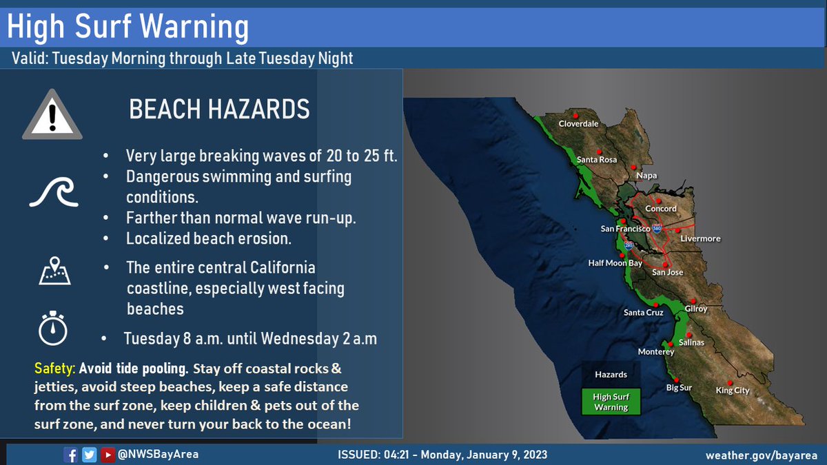 High Surf Warning is in effect through late tonight. Dangerous, large breaking waves at all area beaches expected. Please stay well back from the water's edge!  #CAwx