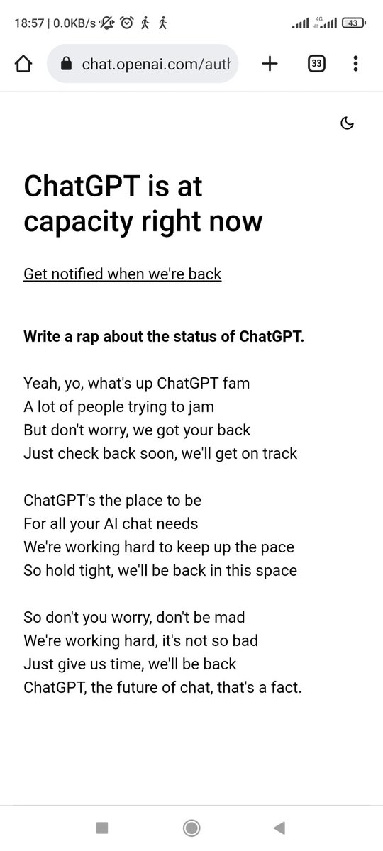 kenya_tweets's tweet photo. Twitter once had the Over Capacity Whale which we all dreaded.

.@OpenAI's ChatGPT however has the coolest over capacity notifications ever! It doesn't even feel so bad that the service temporarily unavailable! I wonder what their 404 page would look like! https://t.co/A7r811Kdy0