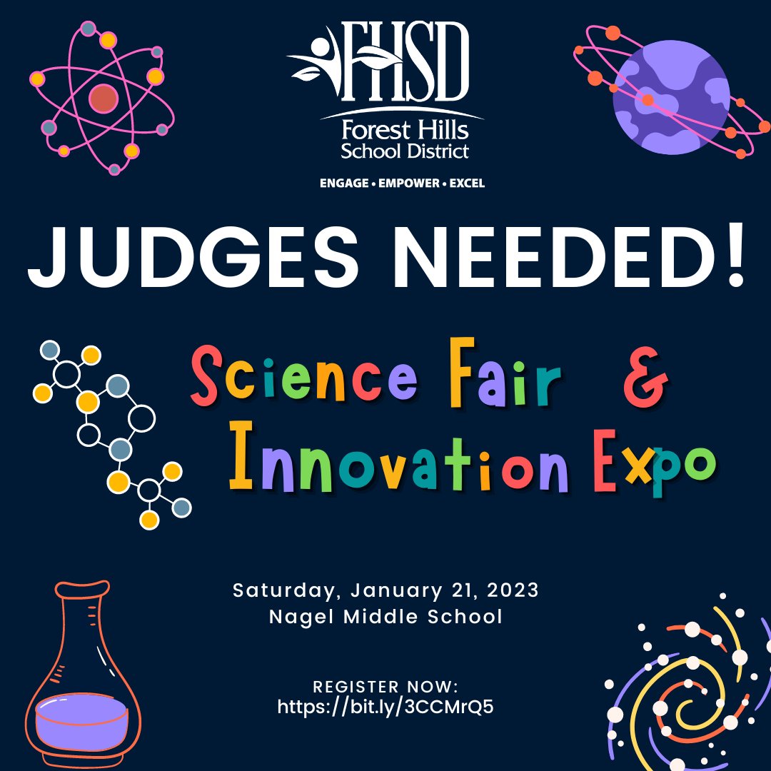 CALLING ALL SCIENCE GEEKS! We need adult judges for our upcoming Science Fair &amp; Innovation Expo on Saturday, January 21 at Nagel! You do not need to be an expert in any field, you just need a willingness to help our amazing students. To sign up as a judge: bit.ly/3CCMrQ5