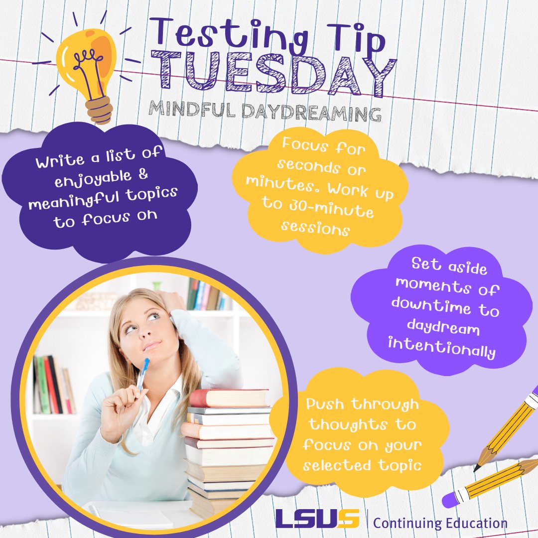 LSUSContEd's tweet photo. #Mindful #daydreaming π for 30 minutes (or less) can help reduce #stress & allow you to #focus on #studying. π So here is how to make the most of an intentional mind-wandering session. βοΈ
#TestingTipTuesday #studytips #testinganxiety #LSUS4MentalHealth #MentalHealthMatters https://t.co/hZq7cM3oNa