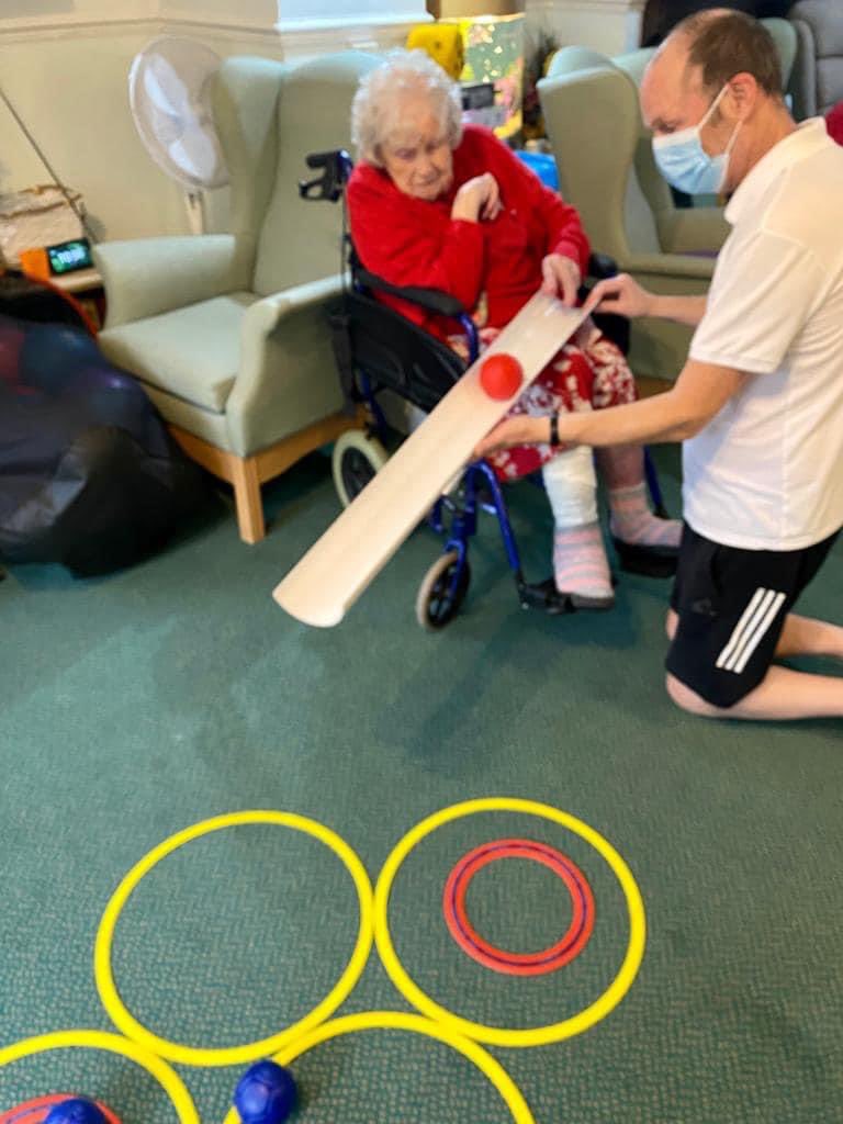 SportCare's tweet photo. What better way to celebrate your 100th birthday than a few seated exercises and a game of Boccia ahead of a trip to the pub and a sing a long. Very happy birthday to the wonderful Mary at @kewcaregroup Manor Cottage Care Home🎂🥂🎉 https://t.co/5x2Fk85z9D