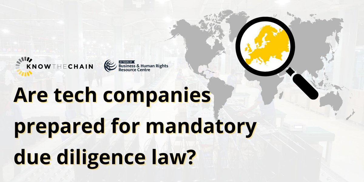 BHRRC's tweet image. Are tech companies prepared for #EU human rights due diligence?

With the #CSDD Directive looming, several European companies in our @KnowTheChain #ICT benchmark are failing to even disclose human rights risk assessments on supply chains 👉 business-humanrights.org/en/from-us/bri…
#mHREDD #mHRDD