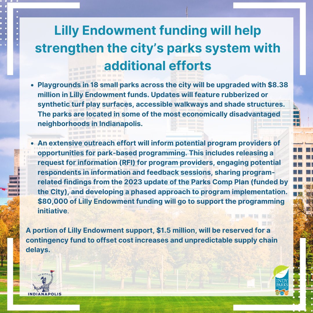 IndyParksandRec's tweet image. Today @IndyMayorJoe joined leadership from Lilly Endowment, Indy Parks, the @IndyCouncil and more to announce $80 million in grants from Lilly Endowment towards improvements at 42 parks across the Indy Parks system. Click here to learn more: bit.ly/3XnHBhR