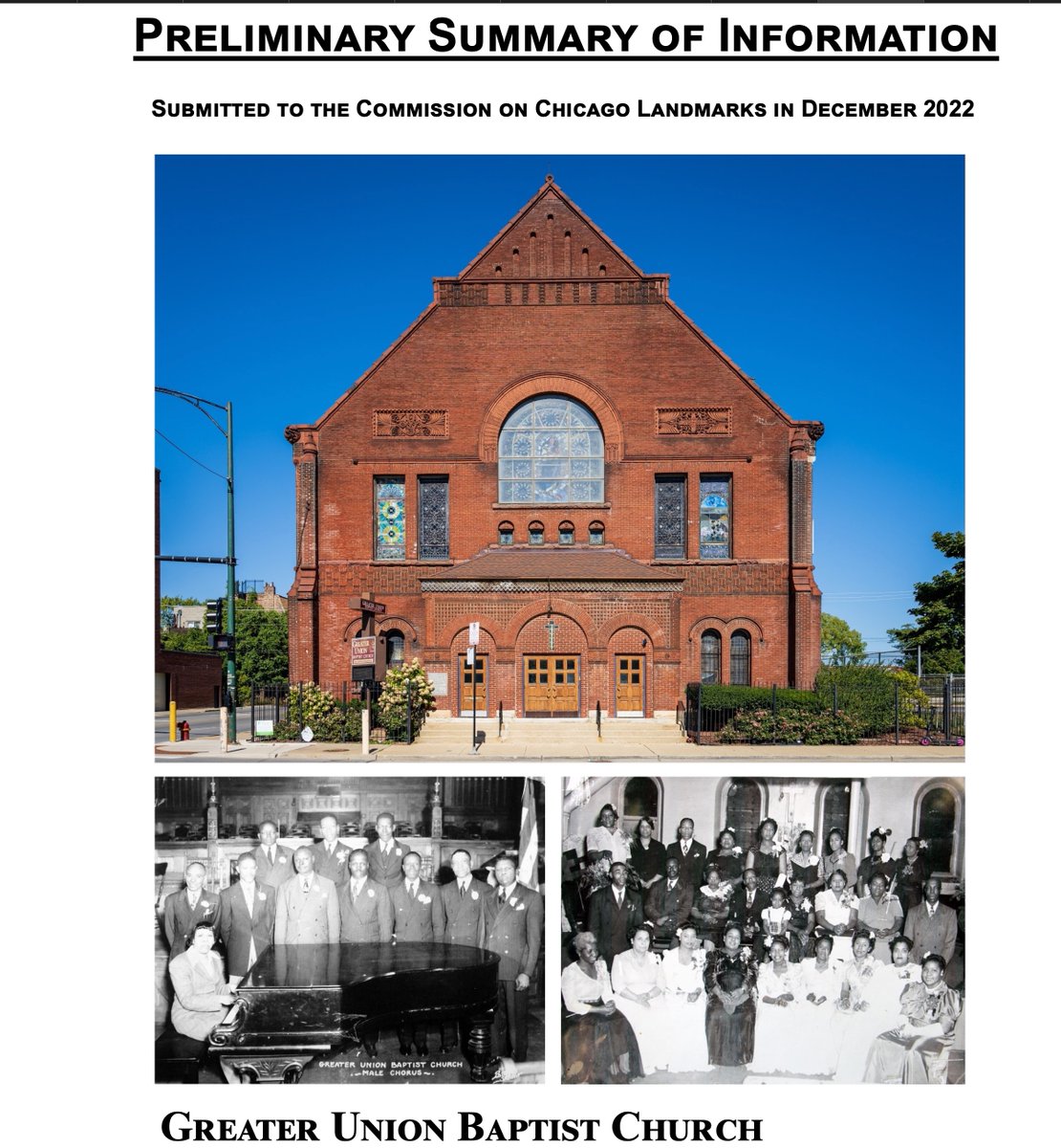 LynnBecker's tweet photo. The Landmarks report on Greater Union Baptist is out and, as usual, with great Chicago history from Matt Crawford and spectacular photos from Patrick  Pyszka, Added bonus of a big block of parishioners oral histories with Mary Lu Seidel covering 60 years+
https://t.co/upkcWtTJkj https://t.co/LfNPieCcSP