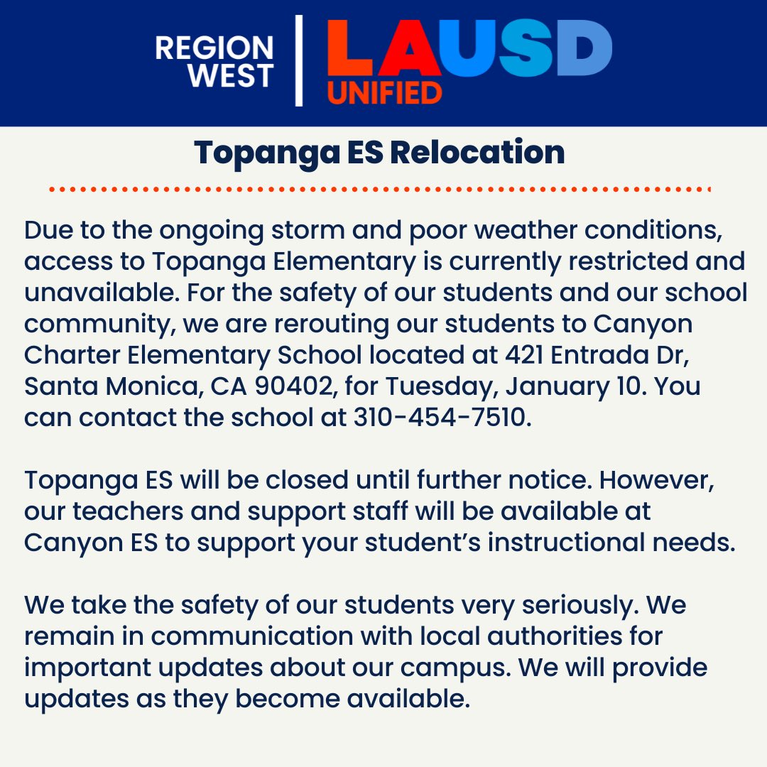 Important message regarding Topanga Elementary relocation. <a href="/westla_lausd/">West LA Community of Schools</a> <a href="/laschools/">Los Angeles Unified</a> <a href="/LASchoolsWest/">LAUSD Region West</a>