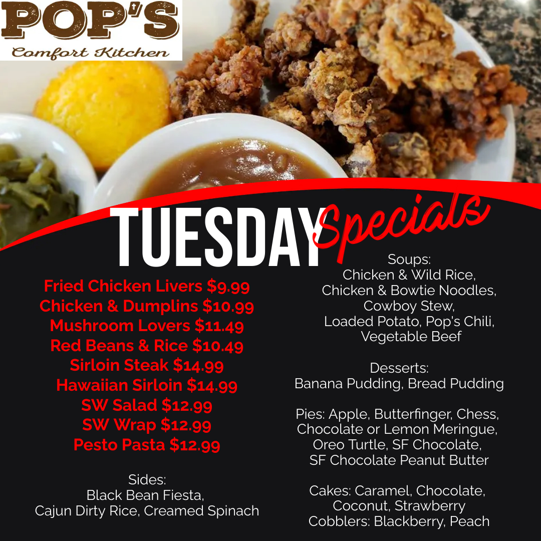 Another great variety of specials to choose from!

#tuesdayspecials #chickenlivers #mushroomlovers #comfortfood #homecooking #901eats #memphiseats #ediblememphis #ilovememphisblog #memphisfoodie #pasta #sandwiches #salads #soups #homemade #desserts

 PopsComfortKitchen.com