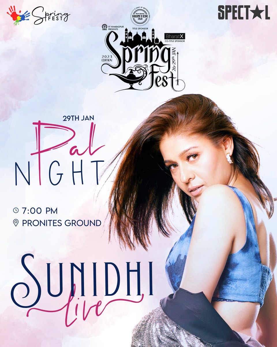 springfest_kgp's tweet photo. Spring Fest brings you @sunidhichauhan5 live in concert, headlining our star night Pal for Spring Fest 2023.
To be a part of Spring Fest, register at https://t.co/NCNXj7c5sm
#palnight #sunidhichauhan #pronite #SpringFest2023 #SpringFest #Pal #BollywoodNight https://t.co/rPxcrHbcGa