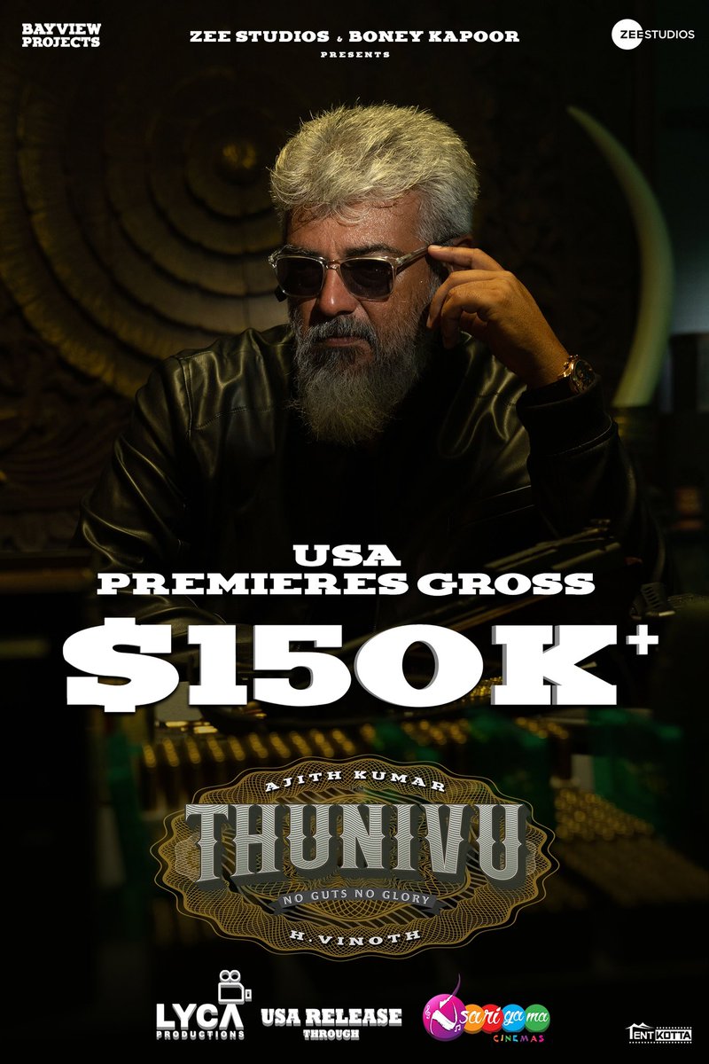 sarigamacinemas's tweet photo. FLASH NEWS 🚨

#Thunivu Official comscore reported premiers gross :

North America - $150,584 from 153 Locations at 8:15 AM PST

Breached the $150K mark now 🎊🍾💥🔥

#ThunivuPongal2023 #ThunivuDay @Tentkotta @LycaProductions https://t.co/Gp2u4jt1hB