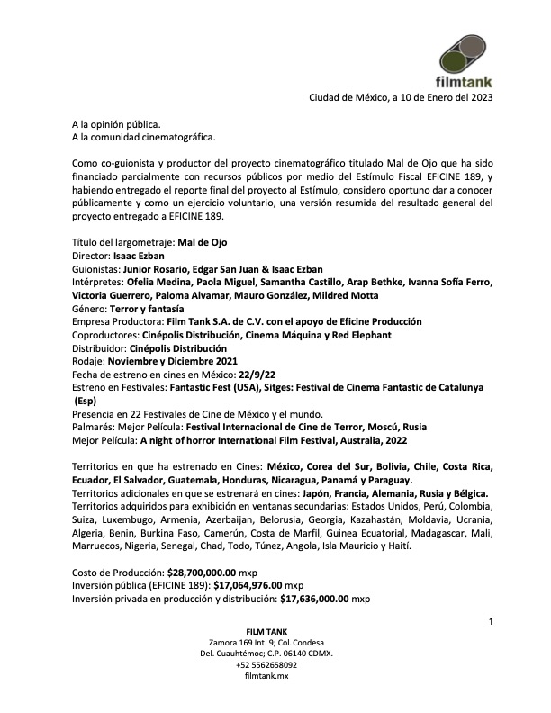 edgarsanjuanp's tweet image. Sobre la película #MaldeOjo comparto como ejercicio de transparencia ciudadana un resumen del proyecto. Gracias a quienes apoyaron la película, a quienes la vieron y a quienes la verán. #AyMamita