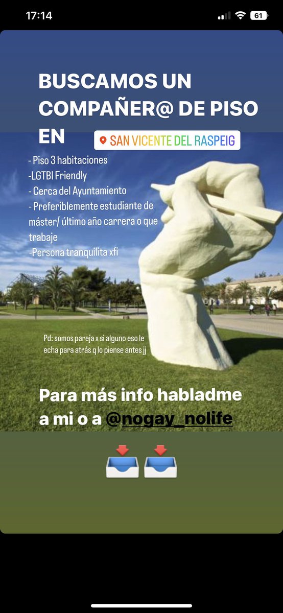 Hola!!! <a href="/nogay_nolife/">bustin sincler</a> y yo buscamos un compañer@ de piso para entrar en Febrero en Sant Vicent del Raspeig, Alicante. Habladnos por md si os interesa. #santvicentdelraspeig @UA @queydondeestudiar