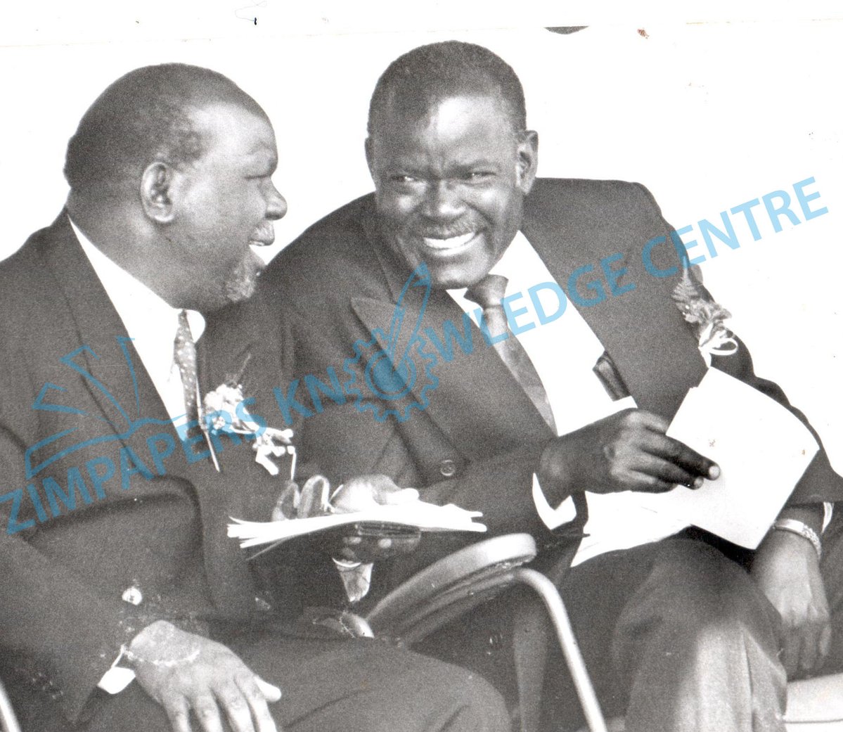 Academic par excellence, First V C of NUST, Professor Makhurane (13 January 1939 – 1 December 2018) sharing a lighter moment with Ambassador Aaron Maboyi Ncube. Makhurane introduced industrial attachment to universities in southern Africa Date: 06-05-96 Source:@ZimpapersByo