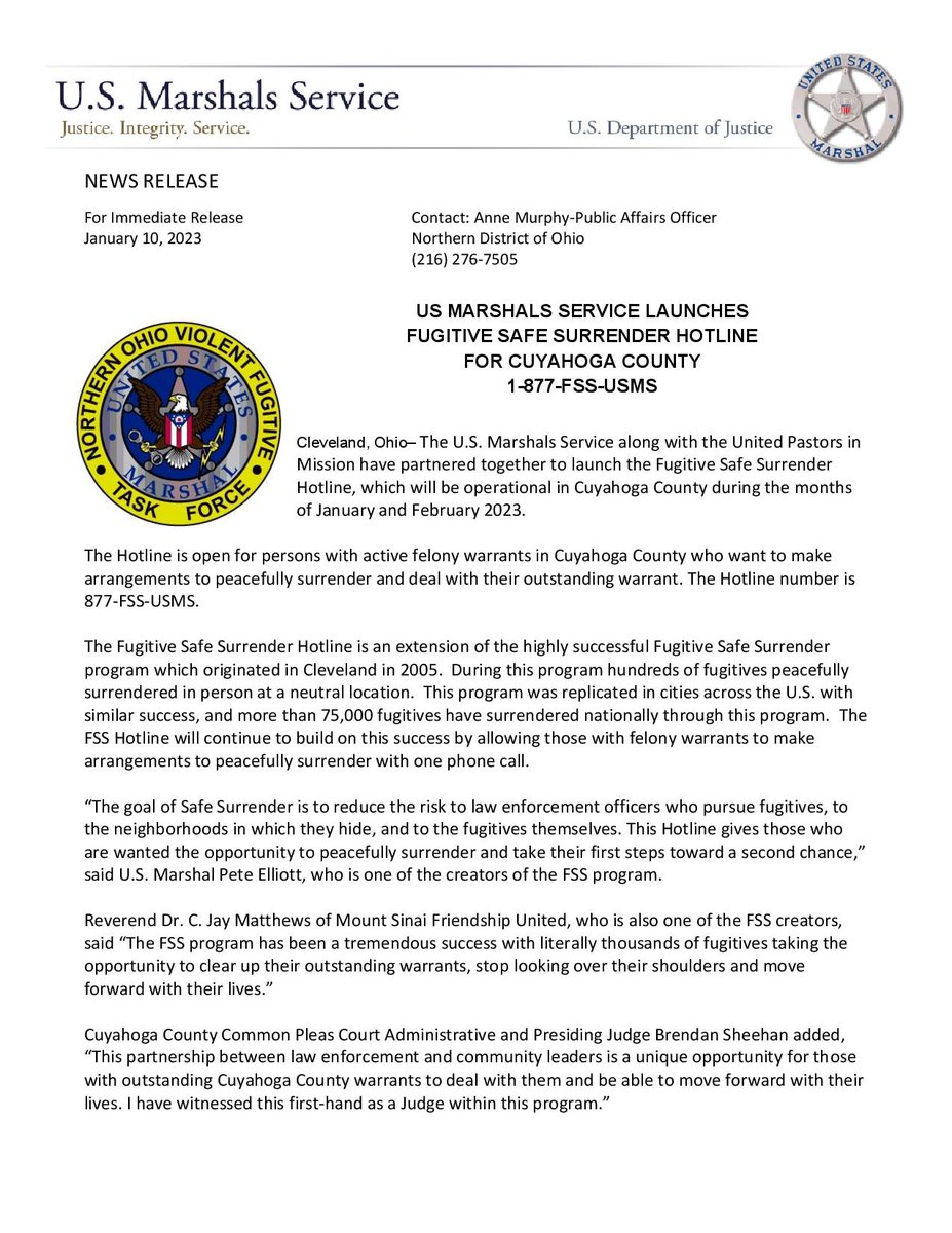 USMSCleveland's tweet image. FUGITIVE SAFE SURRENDER returns to Cuyahoga County

Call 1-877-FSS-USMS if you want to make arrangements to surrender peacefully and deal with your outstanding warrants.

Take the opportunity at a #secondchance

#SafeSurrender #USMS #community