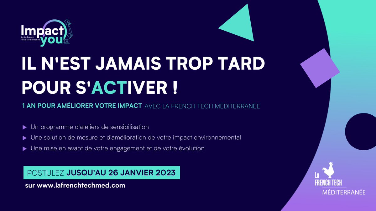 🍃 Vous souhaitez mettre en place une démarche impact dans votre société ? 

La <a href="/FrenchTechMed/">La French Tech Méditerranée</a>, partenaire du BIC Innov’up, revient avec son programme IMPACT YOU afin de vous proposer des outils pour vous sensibiliser, agir et communiquer