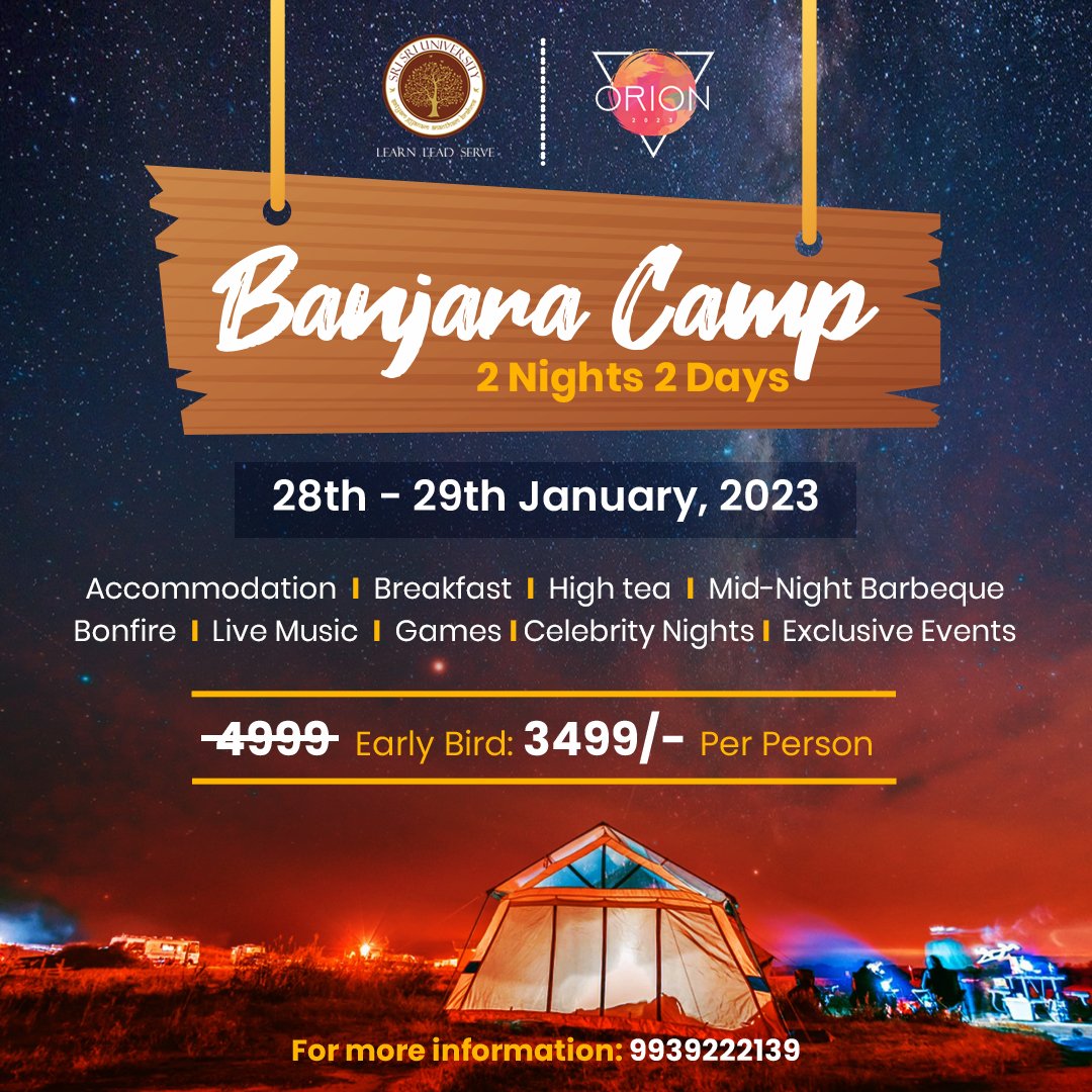 We are back with the most exciting camp of Orion: The Banjara Camp!

The camp offers a variety of activities, adventure sports and indoor activities &amp; workshops with a nice touch of bonfire and late-night barbecue.

Further details are given in the poster.

#adventure #Fest
