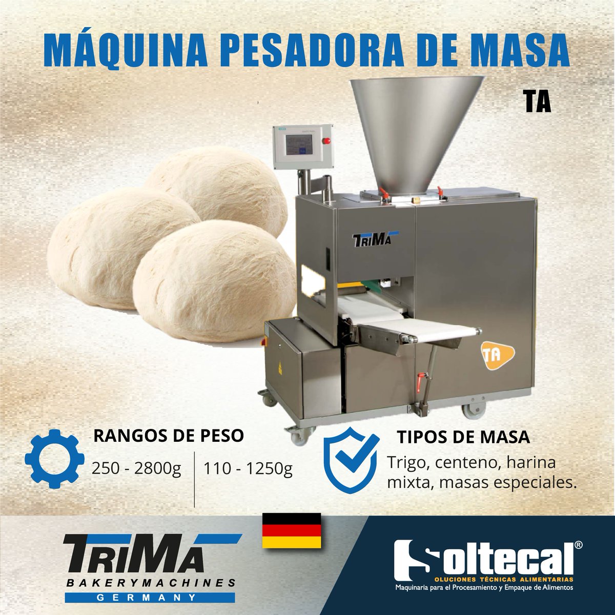 SOLTECAL's tweet image. La divisora y boleadora TRIMA para panes de pesos superior a 400 gramos, es suave con la masa y de alta productividad. Procesa masas con centeno, trigo y harina mixta con consistencia entre blanda y compacta. 

#bakerymachines #bakeryoven #bakeryequipment