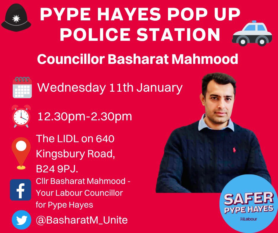 REMINDER

👮‍♂️👋 <a href="/ErdingtonWMP/">Erdington Police</a> will be holding a 'Pop up Police Station' in Pype Hayes:

🕟 12:30pm - 2:30pm
🗓 Wednesday 11th January 
📍 LIDL - 640 Kingsbury Rd

Pop by to discuss with an officer any concerns you may have &amp; get the latest crime prevention advice. #SaferPypeHayes