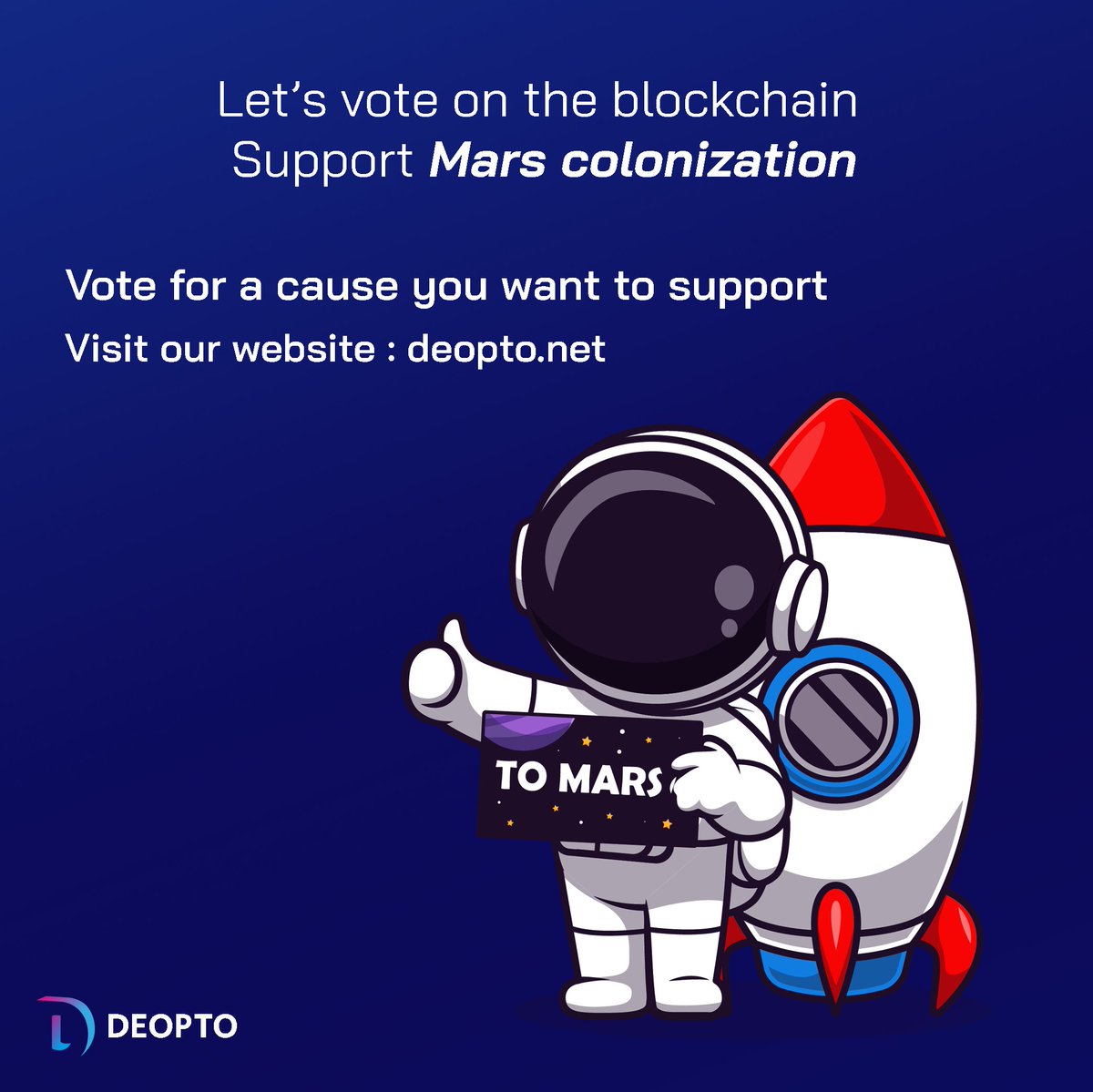 deopto's tweet photo. The sixth option for our first poll!

Support Mars colonization.

This is for the ones who want to reach for higher goals. If this option wins to donate the raised amount to help the Mars colonization.

https://t.co/1PLhNGuKZn

#crypto #cryptocurrency #blockchain #bnb #binance https://t.co/nKaqWE0vFo