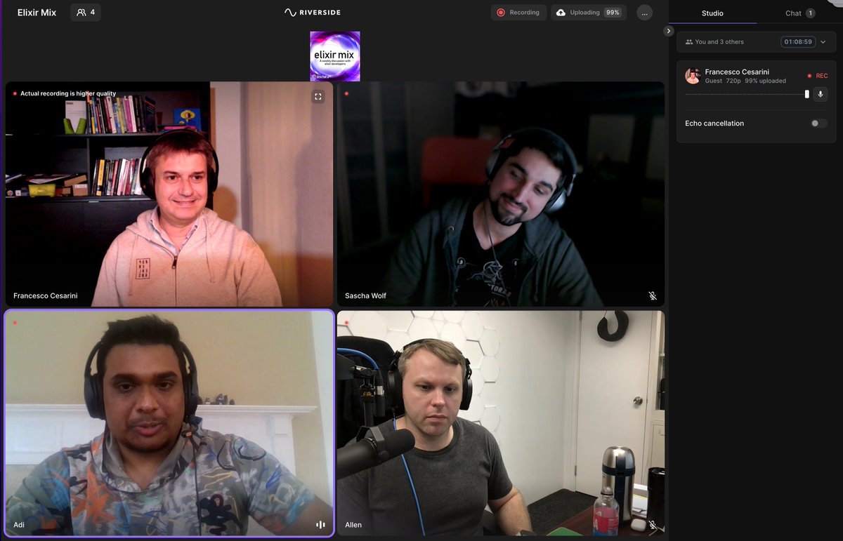 FrancescoC's tweet image. On the #ElixirMix podcast, enjoying the conversation on business, tech, being an entrepreneur and being reminded that you never stop learning. #erlang #elixirlang