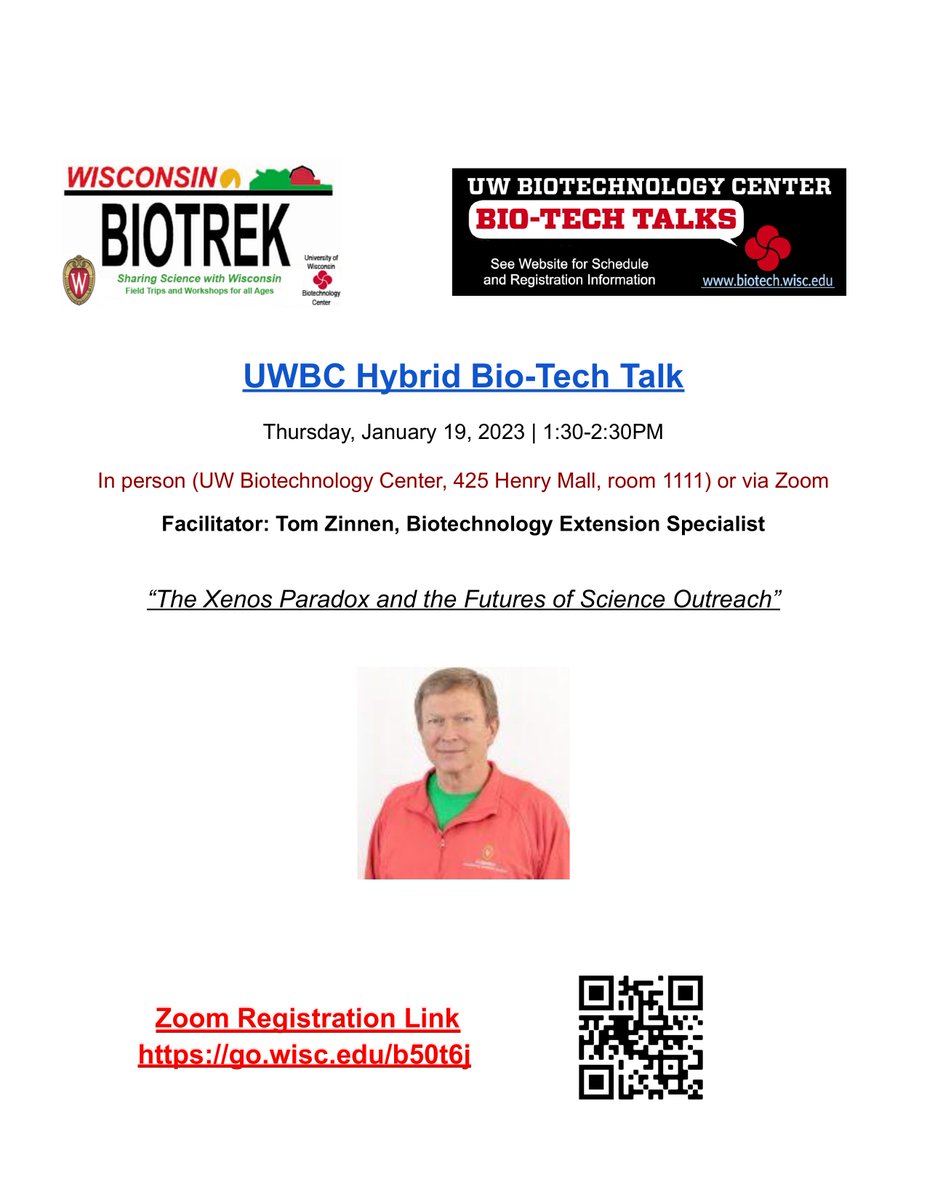Join us on January 19th (1:30-2:30) for our monthly hybrid UWBC Bio-Tech Talk! UWBC speaker: Tom Zinnen, Biotechnology Extension Specialist at BioTrek. Come in person (425 Henry Mall) or join us via Zoom: go.wisc.edu/b50t6j 
<a href="/UWMadScience/">UW–Madison Science</a> <a href="/UWBiotechCenter/">BioTrek Outreach</a> <a href="/UWMadisonExt/">UW–Madison Division of Extension</a>
