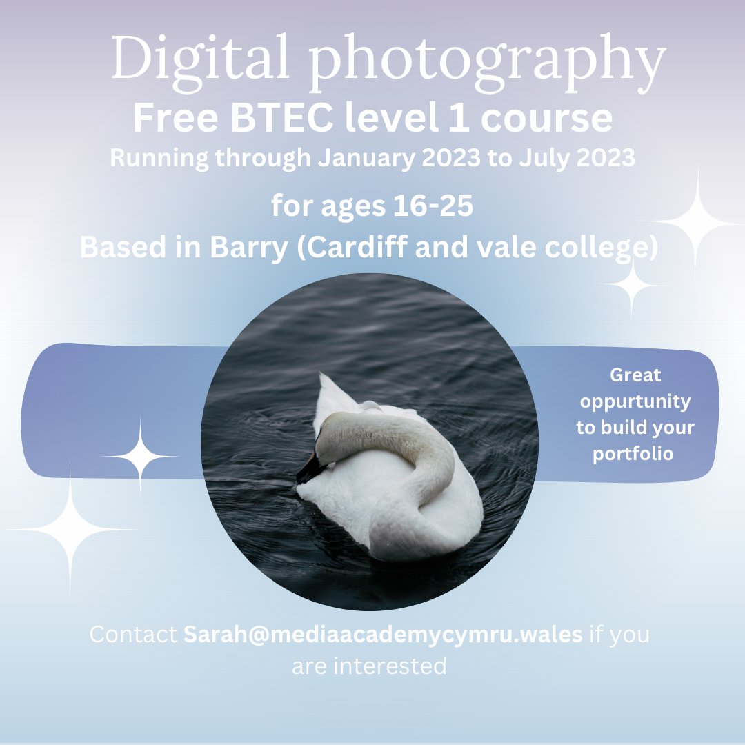 I'm running a digital photography course at Cardiff and vale college (Barry campus), were currently looking for students. There's only 11 spots available so if you're interested contact the email below :)