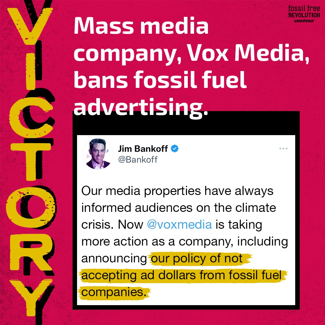 This is the best way to start the week and the year! 💥
@voxmedia no longer allows fossil fuel criminals to advertise in their company due to the severity of the climate crisis.
 
Who’s next? It’s time to #EndFossilCrimes! ✊
 
#BanFossilAds #FossilFreeRevolution