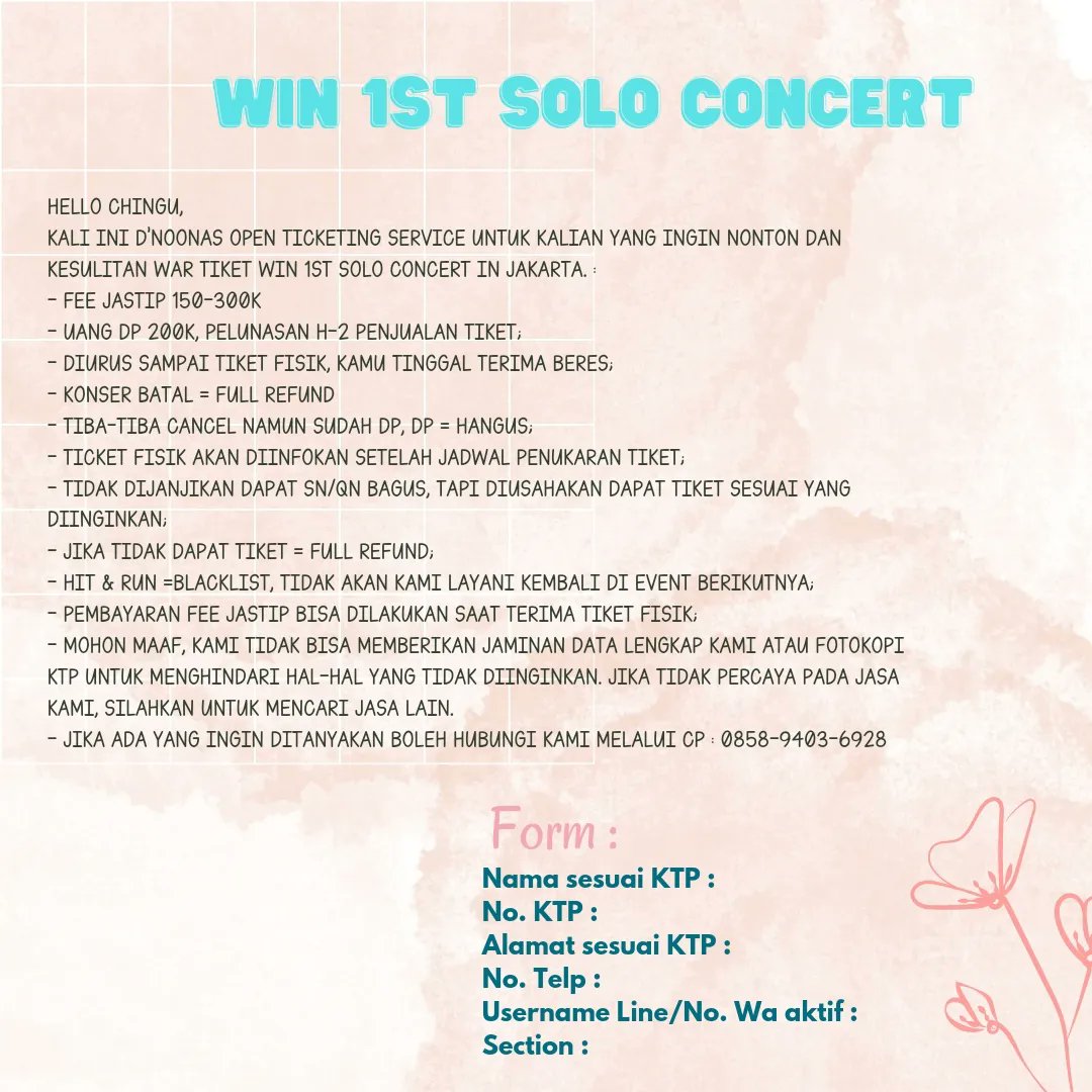 dnoonasproject's tweet photo. DNOONAS is coming for LIMITED SLOT JASTIP #Win1stFMJKT

So, mau nntn brng dan gila2an brng Win? Bagi yg ga smpt war, don't worry? Atau blm cukup dana tapi mau banget nonton bs join jastip di kita ya.
Info lengkap langsung kontak kami ya https://t.co/LLZyAxXvFQ