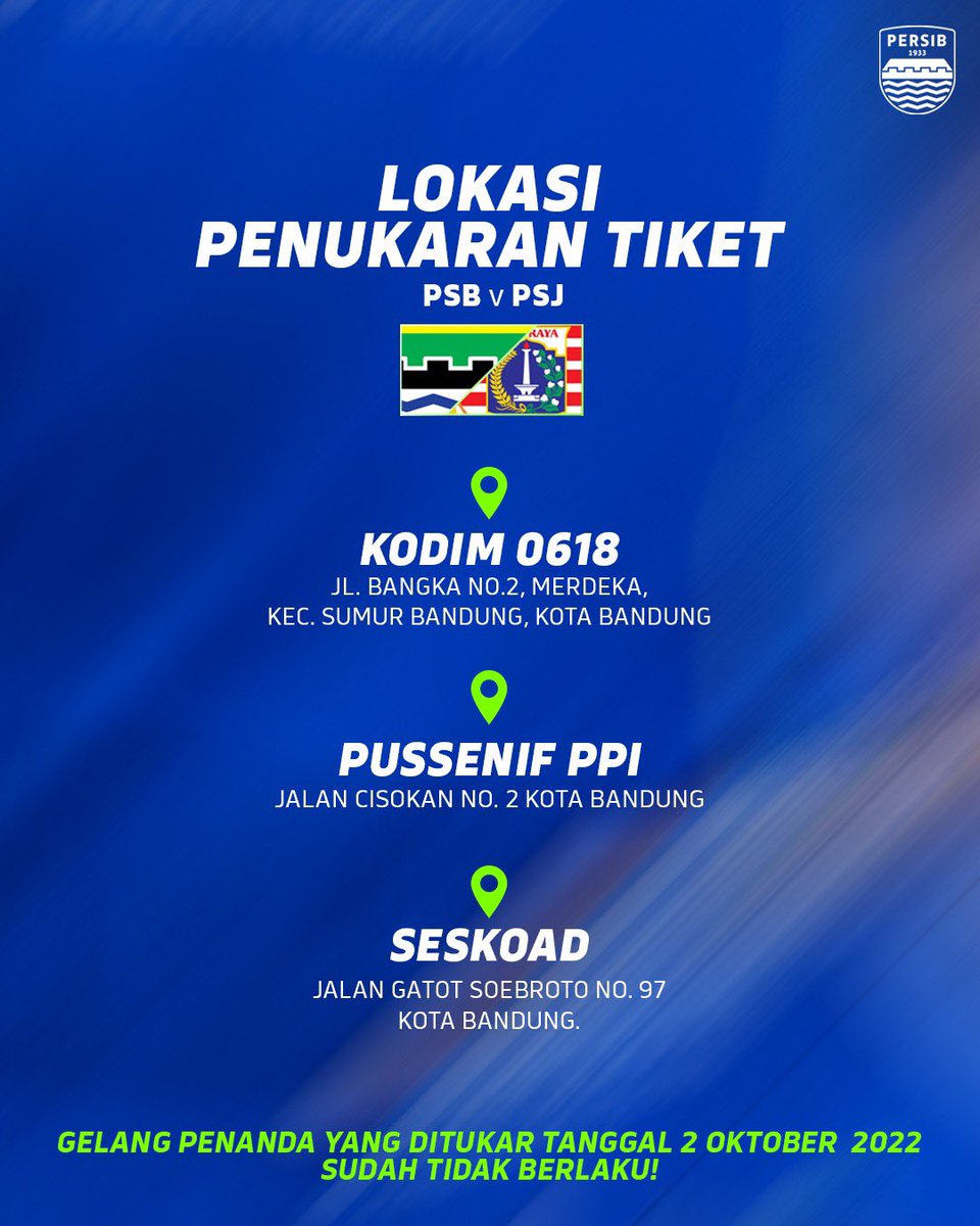 persib's tweet photo. Gelang penanda yang ditukarkan pada tanggal 2 Oktober 2022 yang lalu sudah tidak berlaku ���❌

Untuk menghindari tiket palsu, Bobotoh wajib menukarkan kembali e-voucher yang baru dengan gelang penanda pada titik penukaran yang sudah dipilih sebelumnya ⚠️ https://t.co/BuYUWsdEgp