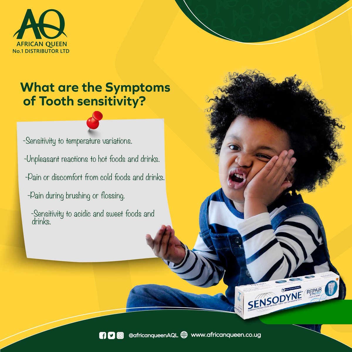 AQNo1Distrib's tweet photo. Tooth sensitivity, or βdentin hypersensitivity,β is precisely what it sounds like; pain and discomfort. Always check for these symptoms.
#No1Distributor https://t.co/bLC5ari74L