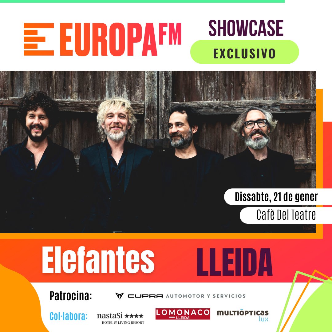 OndaCeroLleida's tweet image. 🎤🎼 @europa_fm us convida al showcase exclusiu de @Elefantesmusic el proper dissabte 21 de gener al @cafedelteatre de #Lleida. 

Passa a recollir les teves entrades per:

💿 @GransRecords
🚗 Automotor y Servicios
🛏 Lo Monaco Lleida