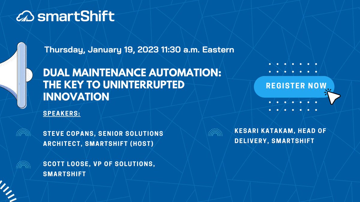 Join the session to hear from Scott Loose, VP of Solutions, smartShift &amp; Kesari V.S. Katakam, Head of Delivery, smartShift on how Dual Maintenance Automation is The Key to Uninterrupted #Innovation. 

Register Now!

bit.ly/3ipMwzX

#automation #webinar #dualmaintenance