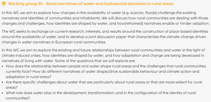 Are you a sociologist interested in rural water? There's a call open for you! Consider participating in WG25 'Rural Narratives of water and hydrosocial dynamics in rural areas' at the #ESRS2023 conference next July in Rennes bit.ly/3isrm45 Deadline for abstracts 31 Jan.