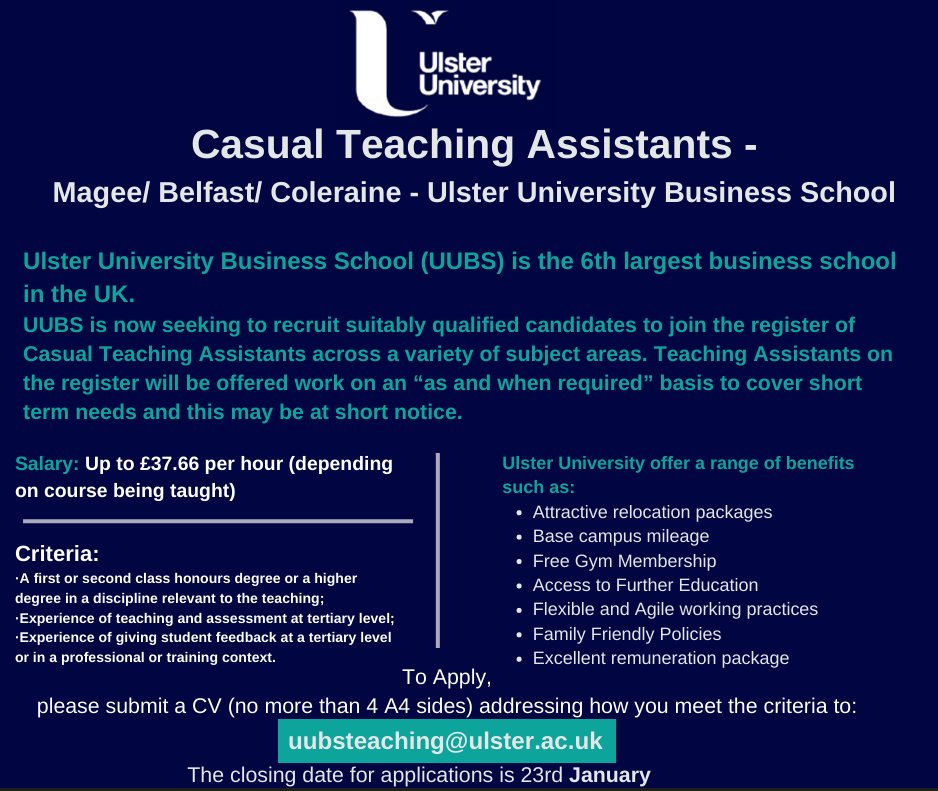 📢We're hiring Casual Teaching Assistants to support teaching and learning activity across a variety of subject areas at our Magee, Coleraine and Belfast campuses. If you are interested, submit your CV to uubsteaching@ulster.ac.uk

Applications close 23 Jan 2023. Full details ⤵️
