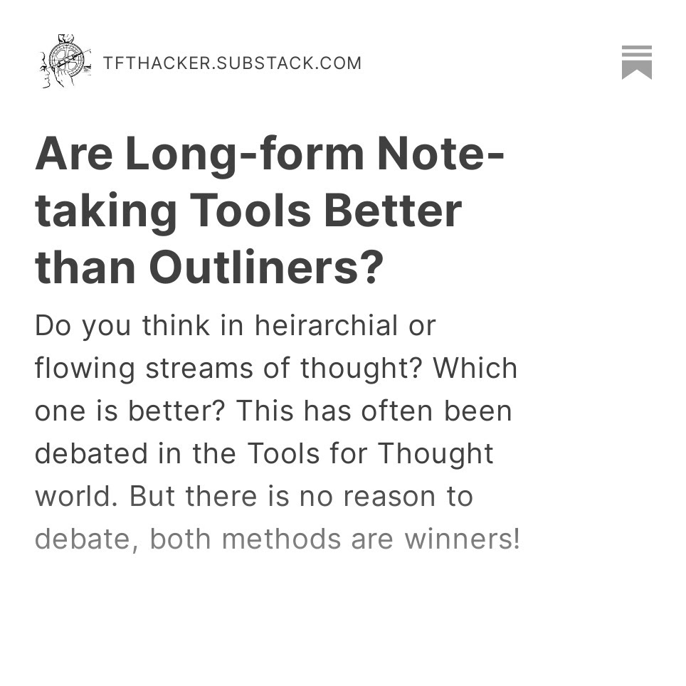 TfTHacker's tweet photo. "Are Long-form Note-taking Tools Better than Outliners?"

I just published a new article, bringing the battle of "who is the best" regarding outliners and long-form editors to its final conclusion.

#TfT
https://t.co/1uh5RrSmDh https://t.co/AE97DkYClA