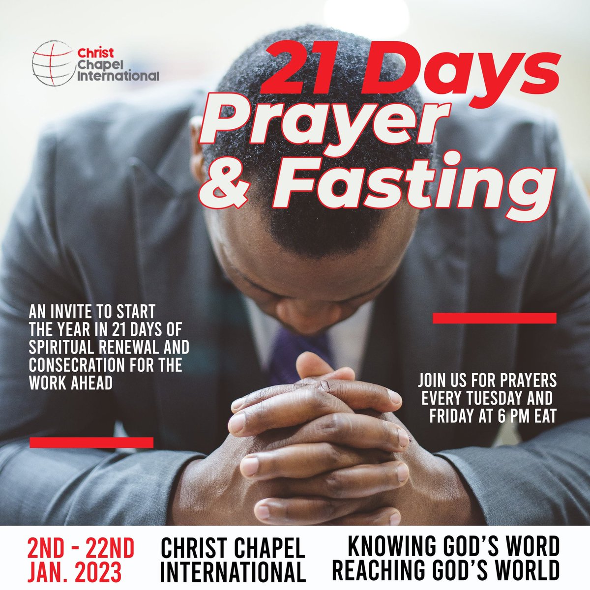 ChristChapelIn3's tweet photo. Hey family! As we continue in prayer and fasting, we invite you to attend our Tuesday and Friday prayers at Christ Chapel International, 6 PM EAT. 
Hope to see you today. https://t.co/IuF1035EbL