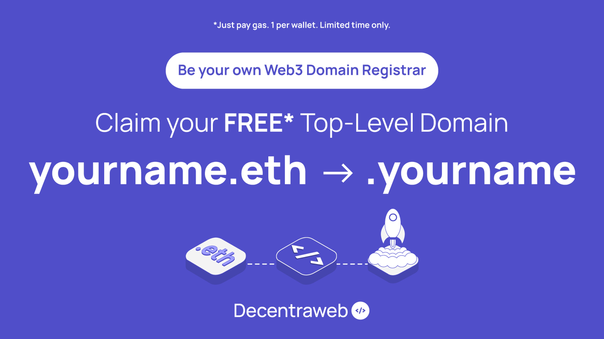 All holders of a .eth domain can now register their .eth domain as a Top-Level Domain for FREE (+gas) 🔥

Own yourname.eth?
Grab .yourname Web3 TLD for Free (+gas)

Limited to 1 per wallet. Limited Time Only.

Head to 👉 dns.decentraweb.org/ens 

Learn more👇 #freemint