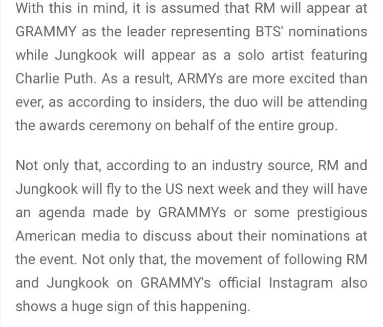 namkook99's tweet photo. Namjoon will appear at the GRAMMY as the leader representing BTS's nominations while Jungkook will appear as a solo artist who collaborated with Charlie Puth.
According to another source, Namjoon and Jungkook are going to the US next week. https://t.co/MVBfp0Ide8