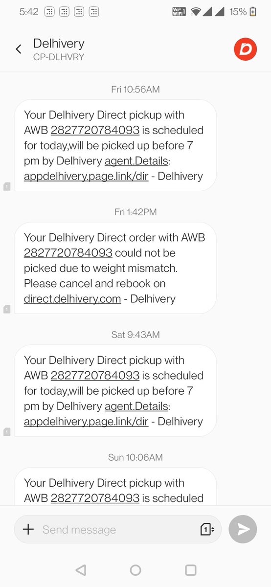 nikhil200591's tweet photo. @help_delhivery it's been 5-6 days , no one has been called us and reached at us, and updating fake status by your delivery guy, we are waiting from 5 days but yet not pick up the material.

Don't how delhivery function as being SCM company.

Much disappointed ! https://t.co/nHApK8bBc2