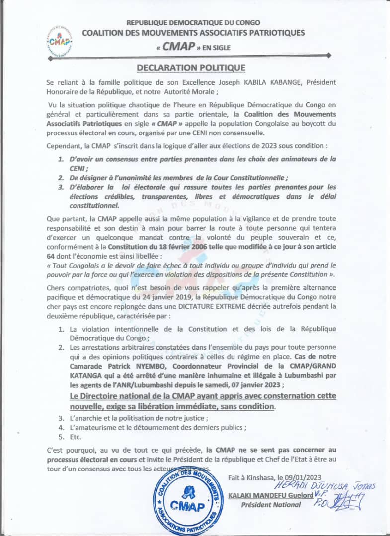JeannineFalanga's tweet photo. #RDC
La Coalition des Mouvements Associatifs Patriotiques CMAP en sigle appelle la population congolaise au boycott du processus  électoral en cours, organisé  par une @cenirdc non consensuelle. https://t.co/YIo3mygqmL