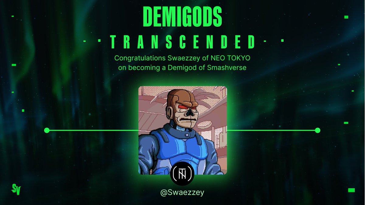 EnterSmashverse's tweet photo. Congratulations to @Swaezzey from @NeoTokyoCode 

You have transcended into a @Smashverse_XYZ Demigod.

Join the Discord to claim your role. https://t.co/U19HMcjLLY