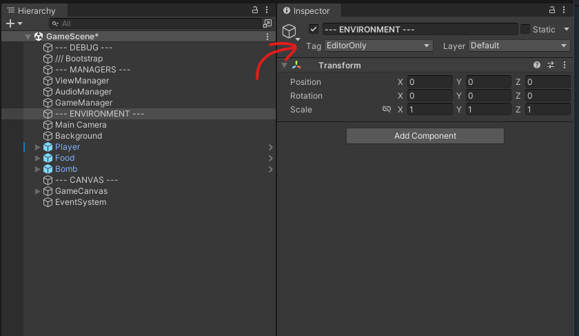 MiguelGameDev's tweet image. #gamdev #unitytip: The order in any project is very important, especially if it is a huge one.
You can use the "EditorOnly" tag on a GameObject to organize your scene.
Also, you can use a similar trick on Addressables, unchecking the "Include in build" box to make it a header.