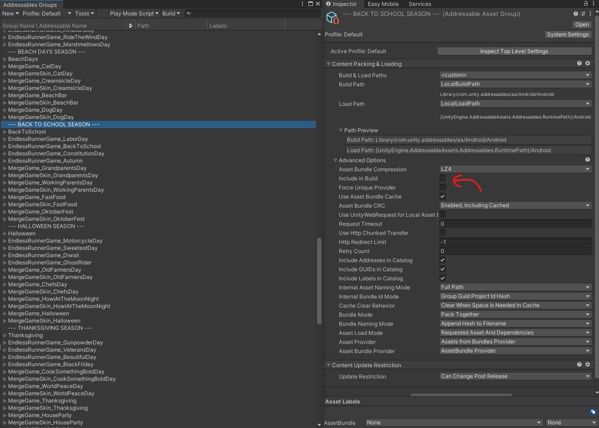MiguelGameDev's tweet image. #gamdev #unitytip: The order in any project is very important, especially if it is a huge one.
You can use the "EditorOnly" tag on a GameObject to organize your scene.
Also, you can use a similar trick on Addressables, unchecking the "Include in build" box to make it a header.