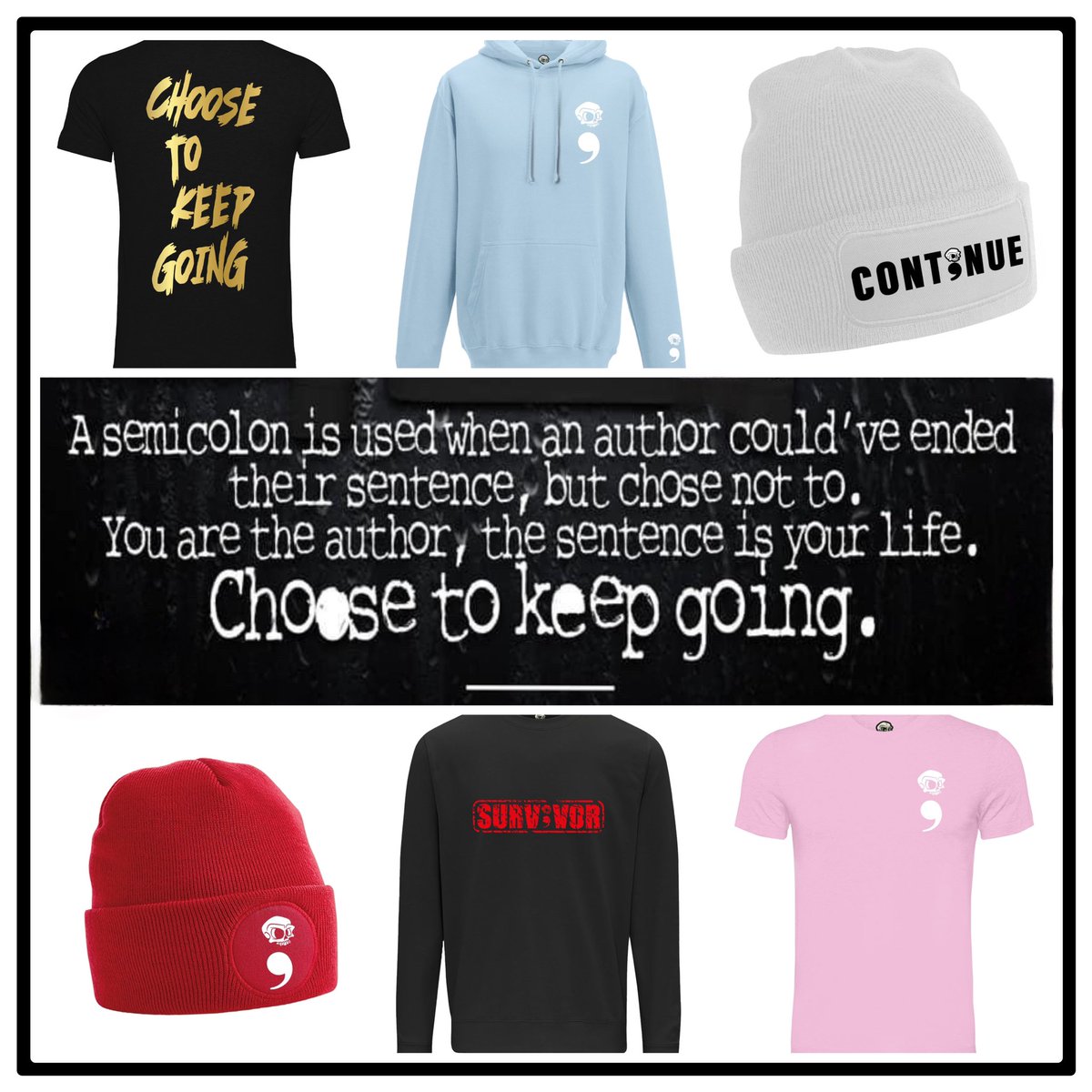 UnsubtleSkulls's tweet photo. Our Project Semicolon range is dedicated to reminding people that even in their darkest times, their story isn’t over.

You are the author of your life. 
It’s not time for the full stop. Use a semicolon and pause;
then CONTINUE.

You are a survivor; 
Choose to keep going. https://t.co/SlqW8VD1Yx