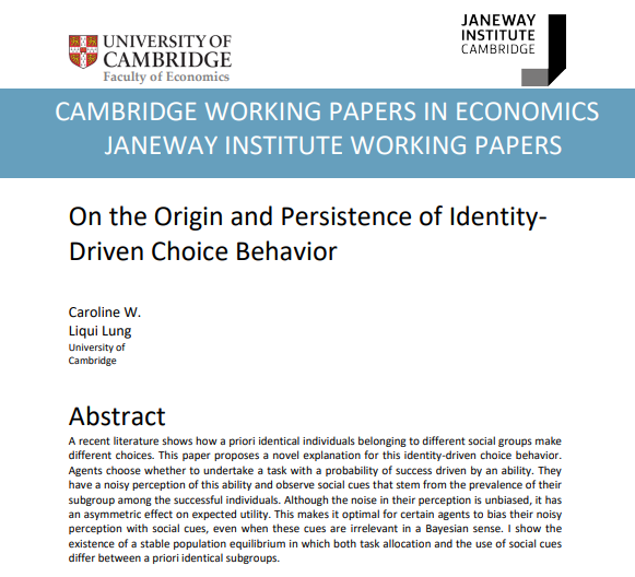 janewayinst's tweet photo. NEW WP by @LQL_Caroline @janewayinst proposes a novel explanation for why &amp; how irrelevant statistics regarding what social groups are currently successful may affect people's beliefs about their own abilities &amp; consequently influence the choices they make https://t.co/9aw5MM9YA2 https://t.co/EM56IdwLHG