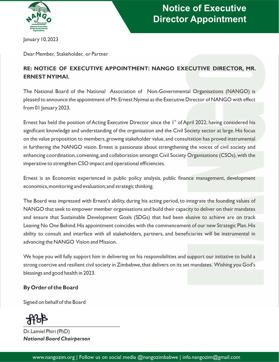 NANGO Zimbabwe (@nangozimbabwe) on Twitter photo We are delighted to announce Mr. Ernest Nyimai as the new Executive Director of <a href="/nangozimbabwe/">NANGO Zimbabwe</a> effective from 01 January 2023. Here at NANGO, we are all excited to work with Mr. Nyimai to further our vision and mission. Once again, congratulations | amhlope | makorokoto! We are delighted to announce Mr. Ernest Nyimai as the new Executive Director of <a href="/nangozimbabwe/">NANGO Zimbabwe</a> effective from 01 January 2023. Here at NANGO, we are all excited to work with Mr. Nyimai to further our vision and mission. Once again, congratulations | amhlope | makorokoto!